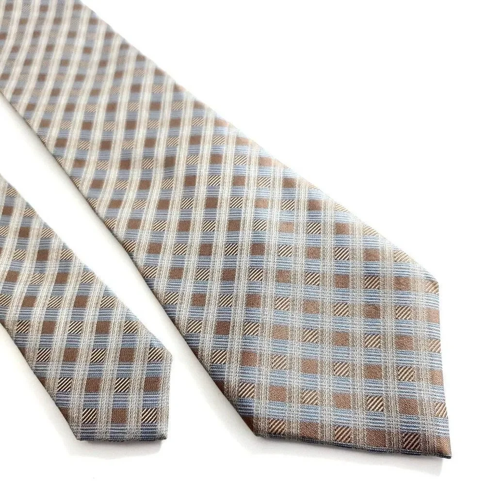 Calvin‎ Klein Brown Blue Plaid Woven Silk Tie